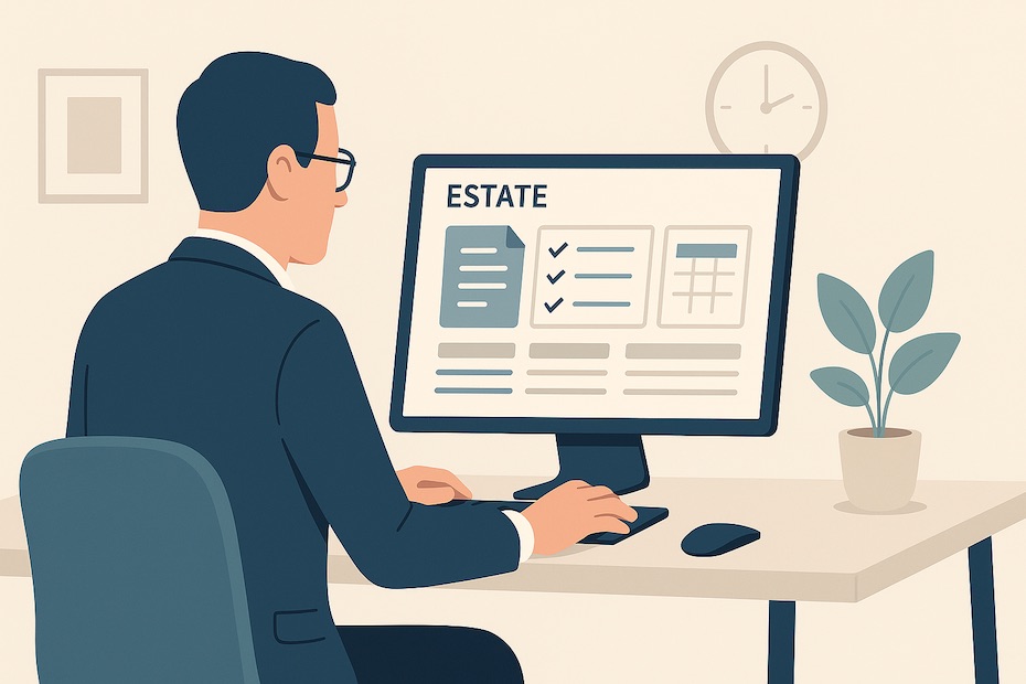 An executor reviewing estate settlement tools at a minimalist workstation